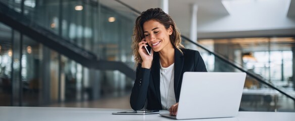 The professional woman engaged in a cheerful phone conversation at her office desk.
