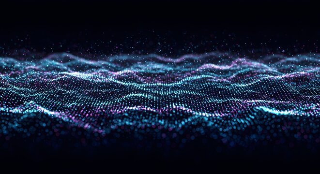 A dynamic flow of luminous digital particles forming an abstract wave. Futuristic technology and data visualization concept.