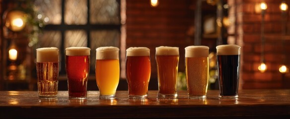 The delicious variety of craft beers displayed in inviting pub setting.