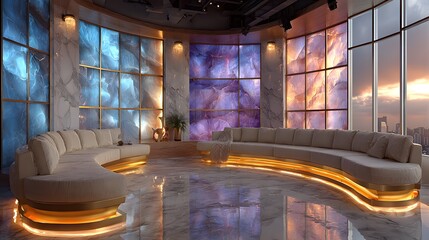 Modern luxury studio with curved seating and crystal displays