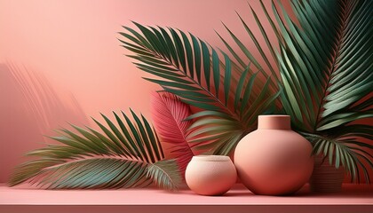 Obraz premium tropical summer composition with palm leaves and ceramic decor on pink background for vacation design inspiration