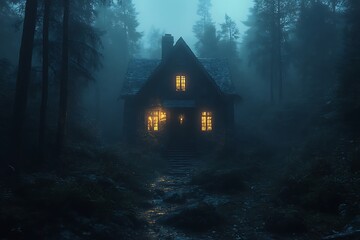 Dark forest cabin with glowing windows and misty atmosphere house woods