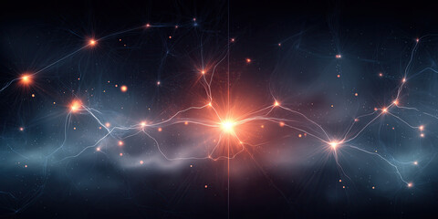 Fototapeta premium Ethereal Neuron‑Like Web with Glowing Nodes & Red‑Orange Central Flare