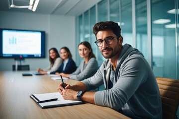 Focused Man in Business Meeting with Team in Modern Office