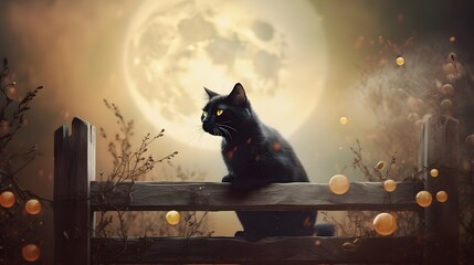 A black cat sitting on a wooden fence against a full moon backdrop, with swirling mist and autumn leaves blowing in the air, evoking a classic Halloween vibe.