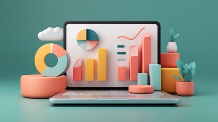 Laptop with charts and graphs representing growth strategy and digital marketing analytics
