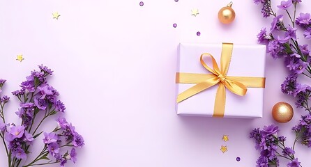 Puprle flowers gift box and confetti festive celebration