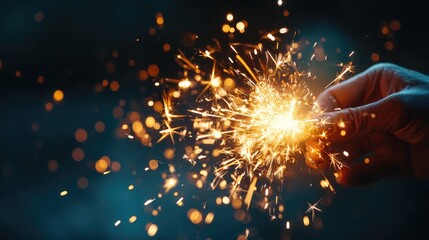 Sparkling hand held sparkler against a dark background.