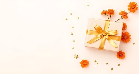Orange flowers gift box and confetti festive celebration