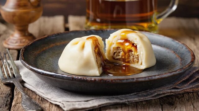 Soft and fluffy German potato dumplings, Traditionally Kn&ouml;del, served with a rich brown gravy, rustic Bavarian setting with dim lighting
