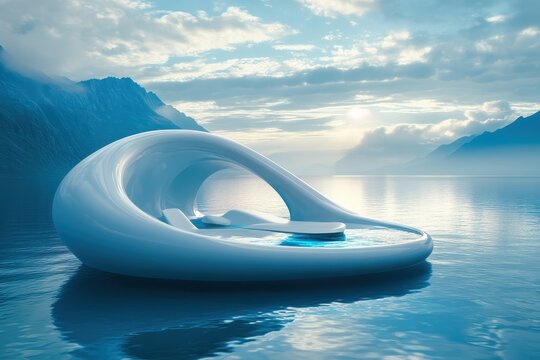 Abstract floating structure on a tranquil body of water.