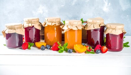 Variety of Fruit Jams in Small Jars with Homemade Paper Lids