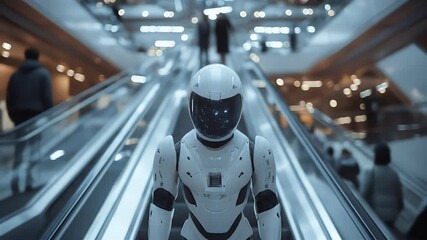 White robot stands on escalator in busy place - Powered by Adobe