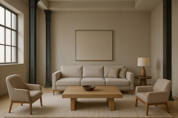 Clean modern living room interior with neutral tones and minimalist decor