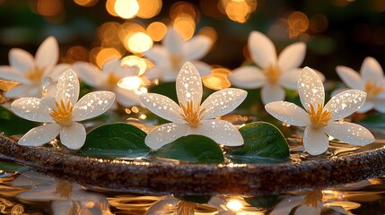 Floating white blossoms with yellow centers on water