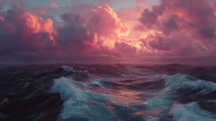 Black ocean under a pink sunset sky with calm waves and serene atmosphere, featuring vibrant colors and peaceful horizon for album cover art and music concept