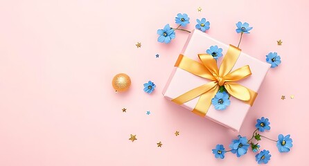 Blue flowers gift box and confetti festive celebration