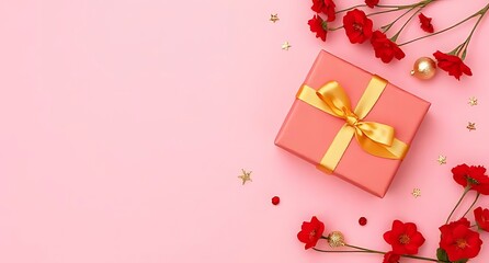 Red flowers gift box and confetti festive celebration