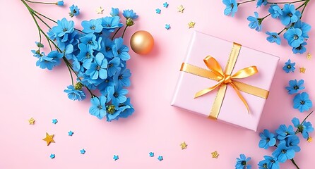 Blue flowers gift box and confetti festive celebration