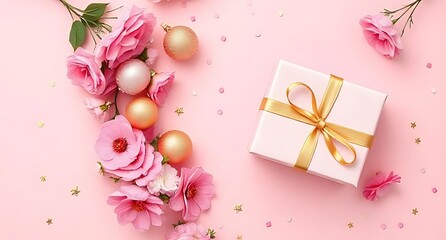 Pink flowers gift box and confetti festive celebration