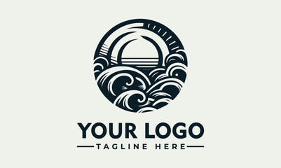 Circular logo design featuring stylized ocean waves, sun, and a horizon line.