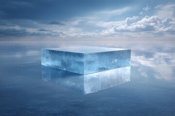 Crystal Ice Block Podium Floating on Reflective Water under Blue Sky