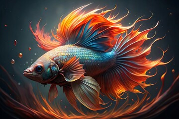 Fototapeta premium Magnificent betta fish with fiery orange and blue fins swimming gracefully in dark water