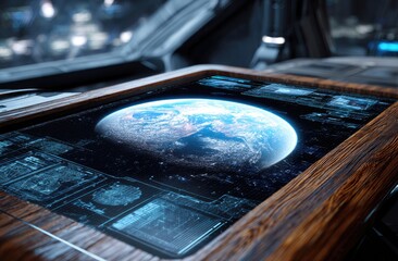 Futuristic spaceship interior with a tablet displaying Earth