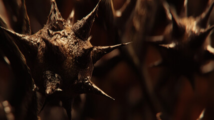 Close-up of a spiky, dark brown seed head.