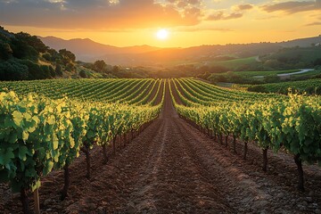 Fototapeta premium Hillside vineyard illuminated by sunrise rays high resolution picture
