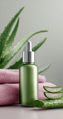 Aloe vera serum bottle on pink towels