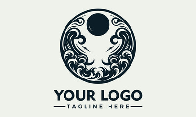 Circular logo design featuring stylized ocean waves and a central dark sphere.