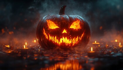 Naklejka premium Glowing Jack O Lantern surrounded by flickering candles and smoke Halloween pumpkin