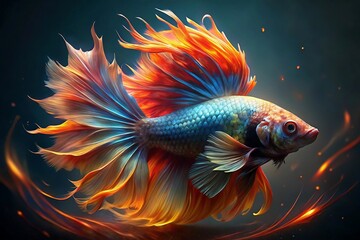 Fototapeta premium Vibrant betta fish with fiery flowing fins and tail illuminating the dark aquatic environment