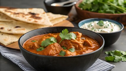 Delicious indian chicken tikka masala served with naan bread and raita dip