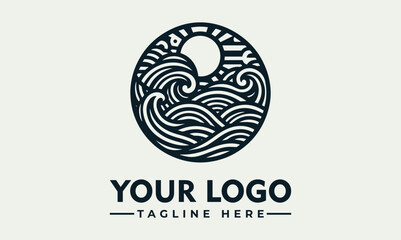 Circular graphic design logo featuring stylized ocean waves and sun.