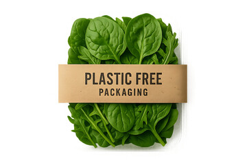 Eco-friendly packaging. Fresh spinach leaves wrapped in eco-friendly, plastic-free packaging promoting sustainable and environmentally conscious food packaging.