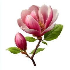 Fototapeta premium Magnolia blossom with bud and leaves, close up, isolated on white background.