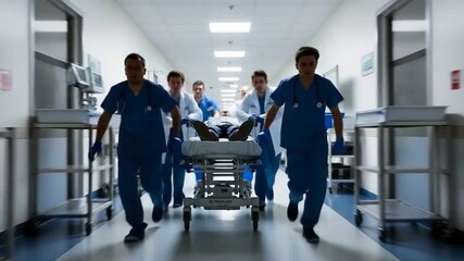 Medical staff rapidly transporting a patient on a stretcher through a hospital corridor. - Powered by Adobe
