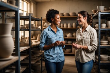 Two women in pottery studio discussing handmade ceramics and pottery business ideas