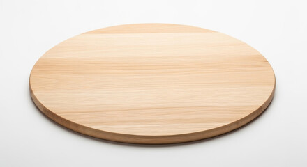 Blank circular wooden platter for food. Rustic kitchen utensil template on a white background.