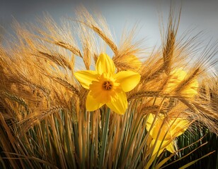 golden ears of wheat stand in isolation mirroring the vibrant yellow of a spring daffodil in bloom