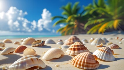 Tropical beach scene with an array of seashells