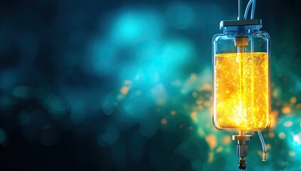 A glowing IV drip against a bokeh background