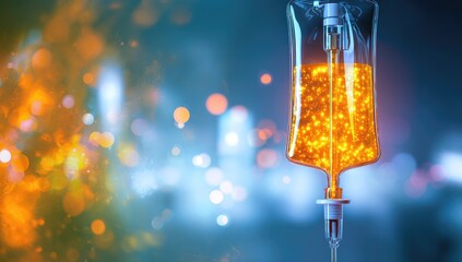 IV bag with golden liquid against blurred bokeh