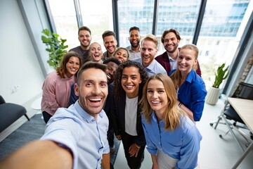 Diverse Team Group Selfie in Modern Office