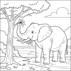 Cartoon Elephant Eating Leaves from Tree — Fun Wildlife Animal Coloring Page for Kids, Black and White Nature Line Art Forest Illustration