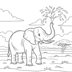 Cartoon Elephant Spraying Water with Trunk — Fun Wildlife Animal Coloring Page for Kids, Black and White Savannah Nature Line Art Illustration