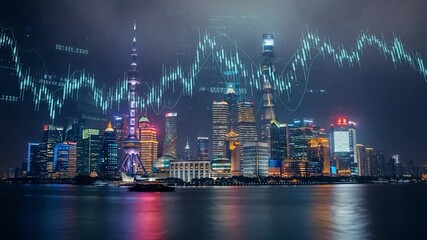 Shanghai skyline at night, overlaid with dynamic stock market graphs, illustrating economic growth and global finance. - Powered by Adobe
