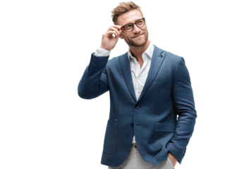  Smiling Businessman in Blue Blazer and Light Gray Trousers Standing with Hands in Pockets Front View Transparent Background